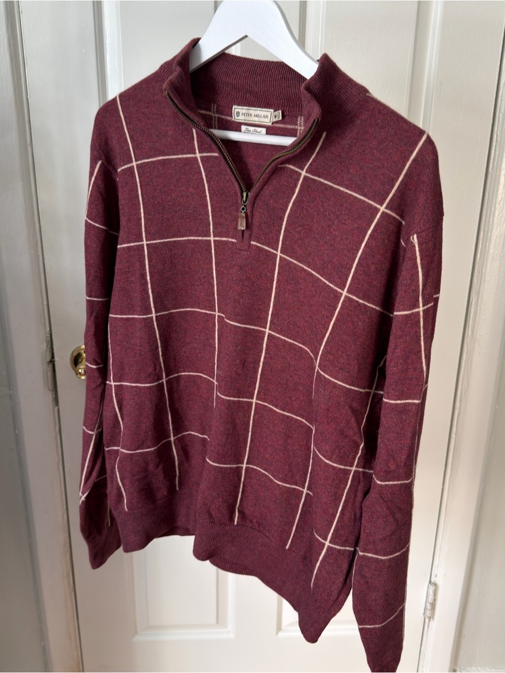 Peter Millar Men’s Burgundy Wool Cashmere Quarter-Zip Windowpane Sweater